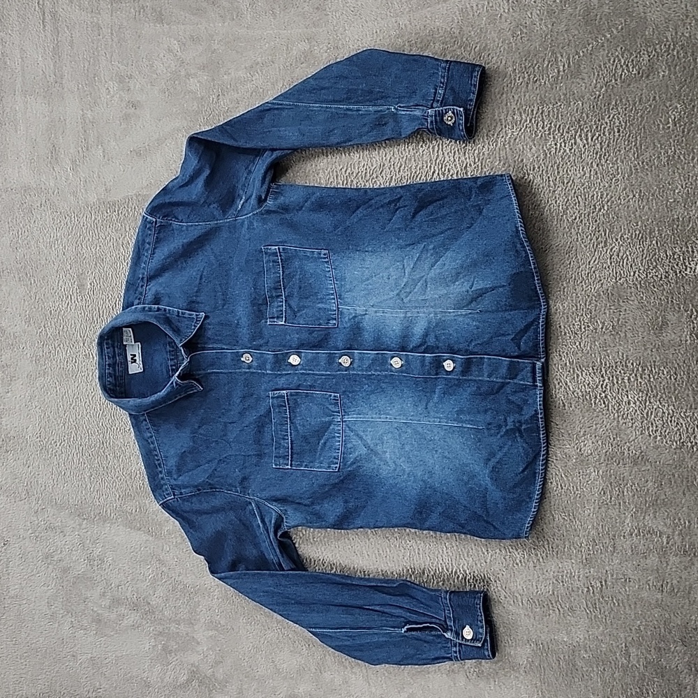 Junction West Denim Blouse Womens Large Blue Button Up Pockets Long Sleeve